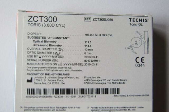 JOHNSON & JOHNSON Ref: ZCT300-U050 Tecnis Aspheric IOL Toric +05.0D SE, Exp. 03/2023