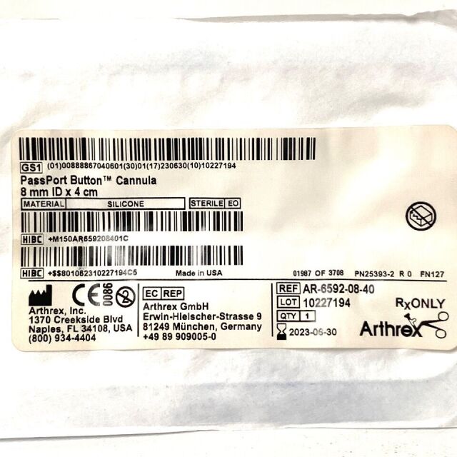 ARTHREX REF AR-6592-08-40, PASSPORT BUTTON CANNULA, EXP 2023-06