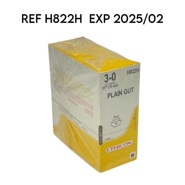 ETHICON REF H822H PLAIN GUT 3-0 H822H (3.0 metric) 27" (70 cm), FS-2 19 mm 3/8c Reverse Cutting,(3 DOZEN), EXP 2025/02