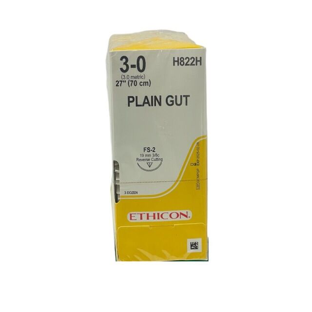 ETHICON REF H822H PLAIN GUT 3-0 H822H (3.0 metric) 27" (70 cm), FS-2 19 mm 3/8c Reverse Cutting,(3 DOZEN), EXP 2025/02