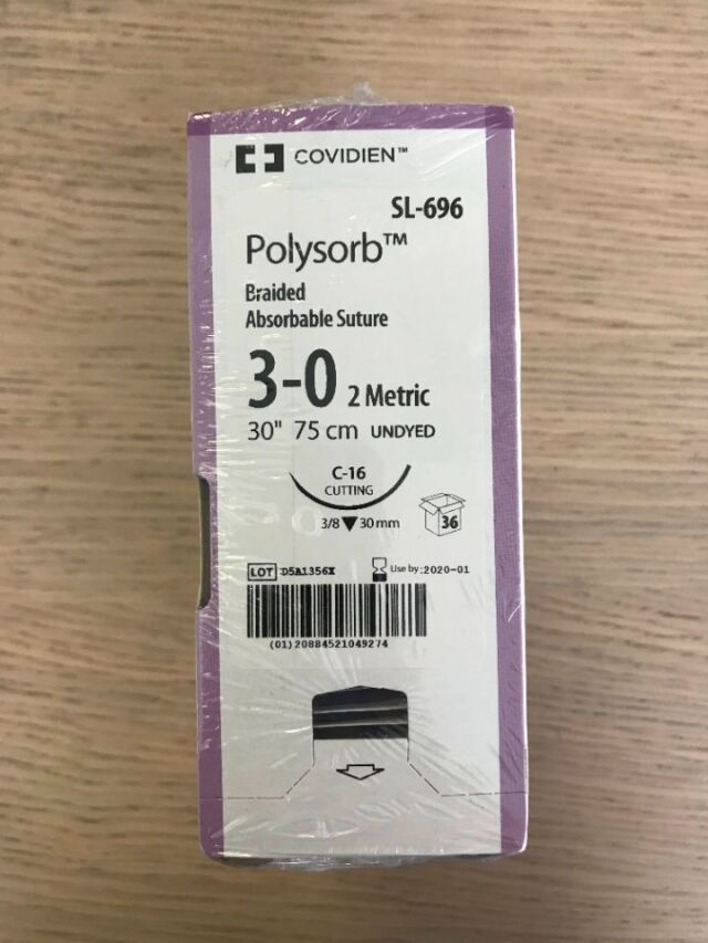 COVIDIEN SL-696 Polysorb Braided Absorbable Suture 3-0, 30in. Undyed C-16 Cutting (36/Box)(X)