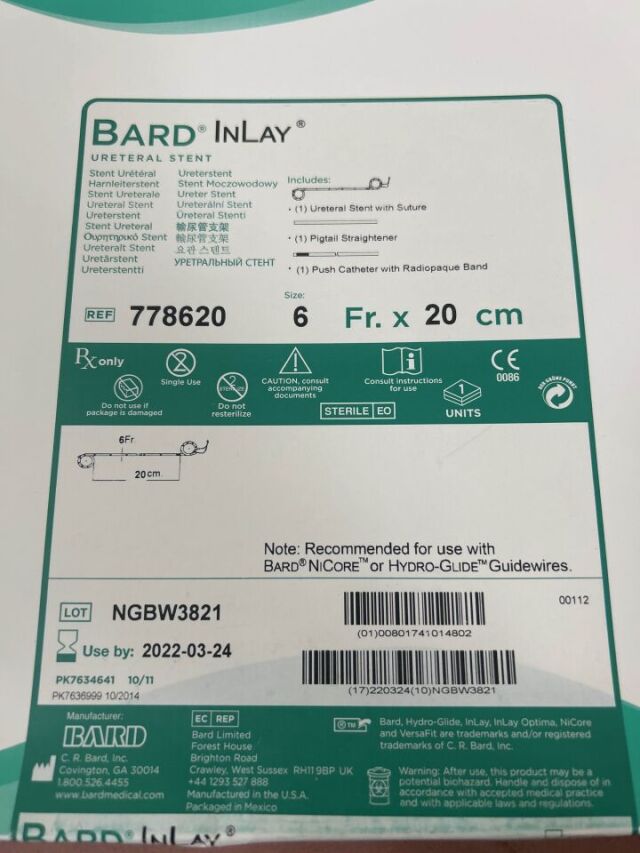 BARD 778620 BARD INLAY, Ureteral Stent, 6Fr x 20 cm