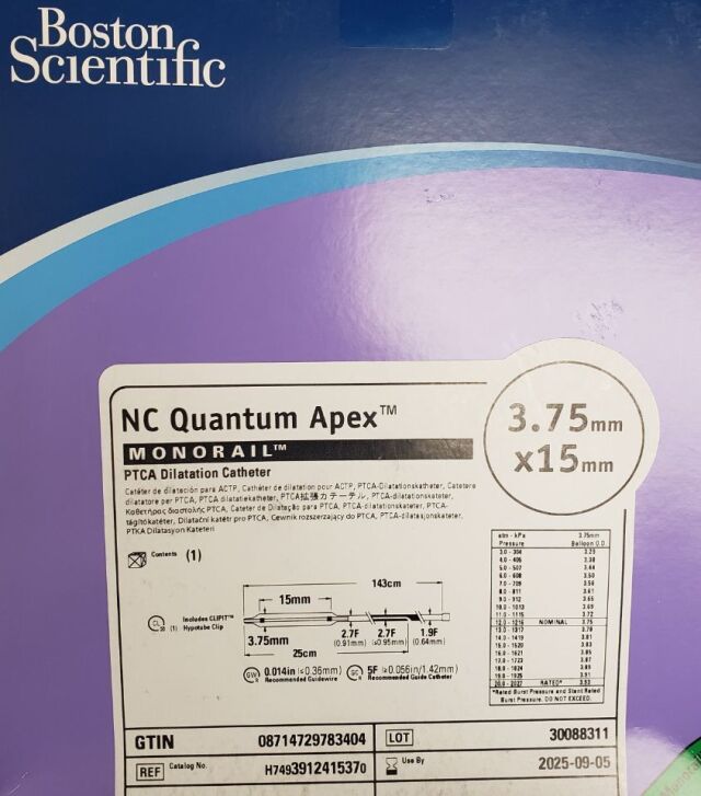 BOSTON SCIENTIFIC 39124-1537  NC QUANTUM APEX MONORAIL PTCA DILATATION CATHETER 3.75 mm x 15 mm IN-DATE/2025