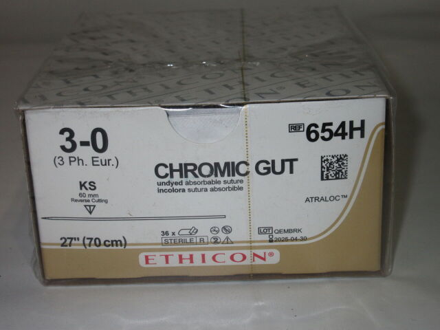 ETHICON 654H STRAIGHT CUTTING CHROMIC GUT ABSORBABLE SUTURE, SIZE 3-0, 27", KS NEEDLE -