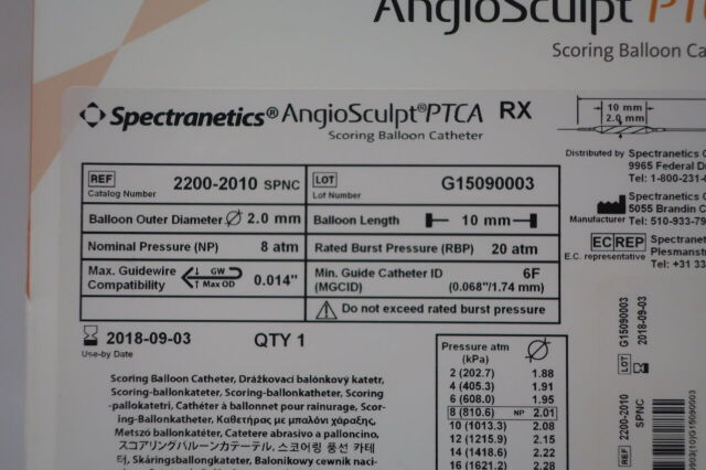 SPECTRANETICS 2200-2010 AngioSculpt RX PTCA Scoring Balloon Catheter, 137 cm Length, 2 dia. x 10 mm Balloon Length