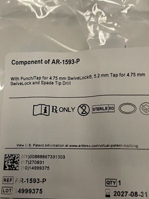 ARTHREX AR-1593-P Implant System, Secondary Fixation with PEEK SwiveLock Anchor 4.75 x 19.1 mm (2026-10-31)