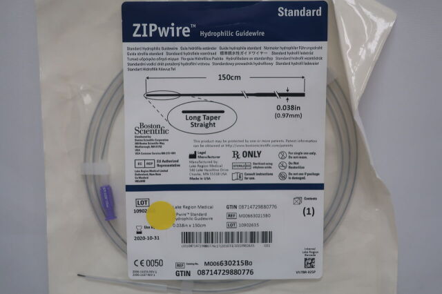 BOSTON SCIENTIFIC 630215B Zipwire Standard Hydrophilic Guidewire  Long Taper Straight  150cm x 0.038"/0.97mm