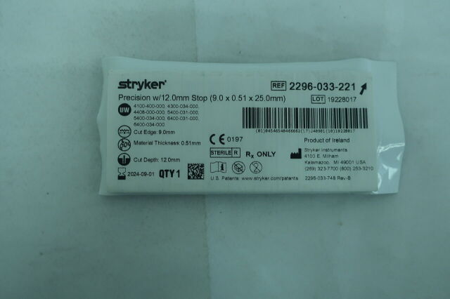 STRYKER 2296-033-221 Precision w/12.0mm Stop (9.0 x 0.51 x 25.0mm)