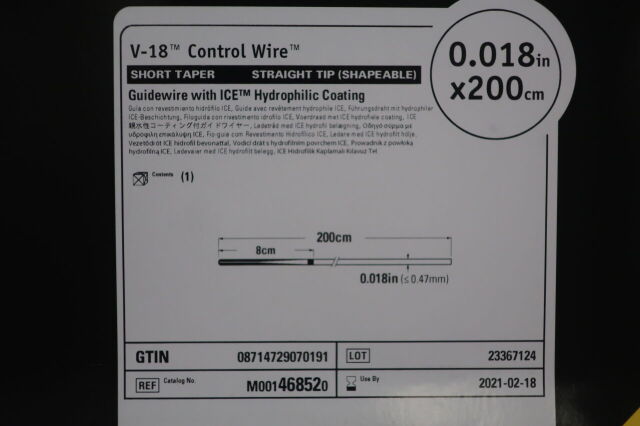 BOSTON SCIENTIFIC 46852 V-18 Control Wire  Short Taper  Straight Tip (Shapeable)  Guidewire With ICE Hydrophilic Coating  0.018" x 200cm