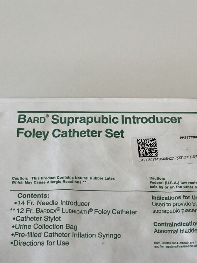 BARD Suprapubic Introducer Foley Catheter Set  143112   Exp.2023-12  (J17) Suprapubic Introducer Foley Catheter Set