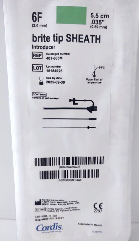 CORDIS 401-605M Brite Tip Sheath 6F Introducer 5.5cm .035” (2025/09/30)