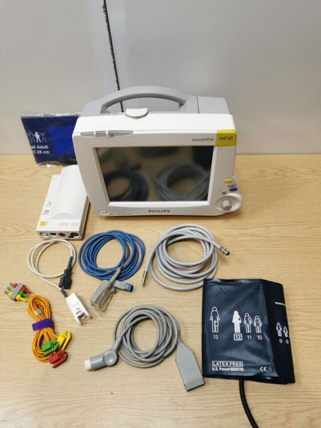 PHILIPS IntelliVue MP30 Patient Monitor M3001A Module SpO2 Sensor ECG NIBP cable Monitor