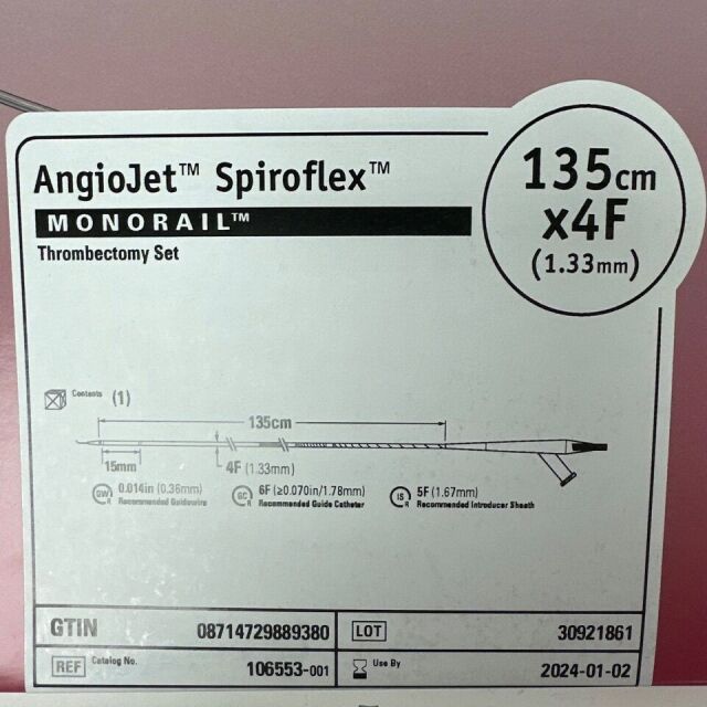 BOSTON SCIENTIFIC REF 106553-001 AngioJet  Spiroflex  MONORAIL Thrombectomy Set 135cm x 4F, EXP. 01/2024