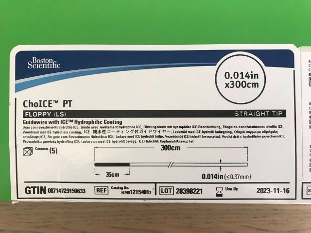 BOSTON SCIENTIFIC 1215401 ChoICE PT Floppy (LS) Guidewire w/Ice Hydrophilic Coating Straight Tip 0.014in x 300cm (5/Box) (X)