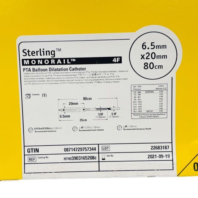 BOSTON SCIENTIFIC REF 3903165208 Sterling™ MONORAIL™ 4F PTA Balloon Dilatation Catheter, 6.5mm x20 mm 80cm ,EXP 2021/09