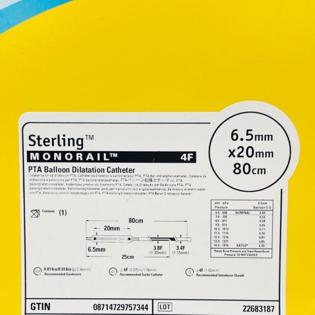 BOSTON SCIENTIFIC REF 3903165208 Sterling™ MONORAIL™ 4F PTA Balloon Dilatation Catheter, 6.5mm x20 mm 80cm ,EXP 2021/09