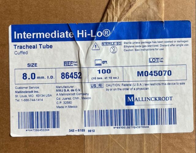 MALLINCKRODT 86452 INTERMEDIATE HI-LO CUFFED TRACHEAL TUBE - 8MM I.D. - CASE OF 100