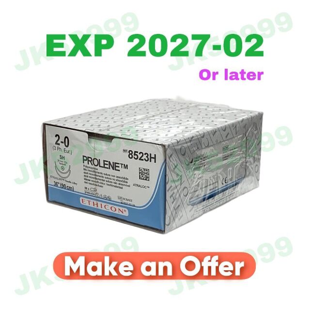 ETHICON REF 8523H, PROLENE Polypropylene blue monofilament non-absorbable suture, EXP 2027-02