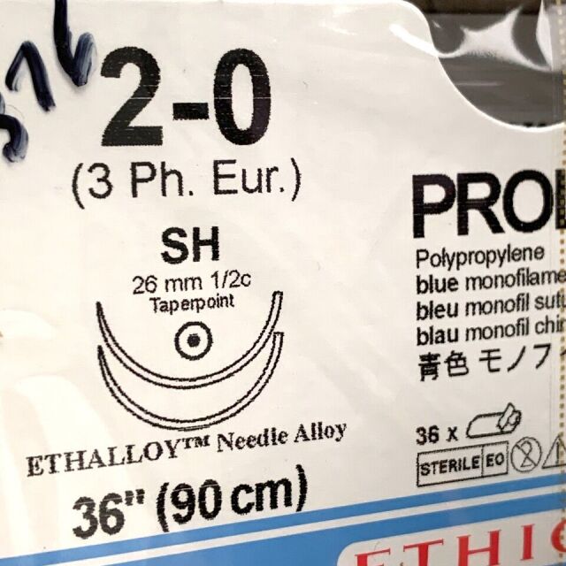 ETHICON REF 8523H, PROLENE Polypropylene blue monofilament non-absorbable suture, EXP 2027-02