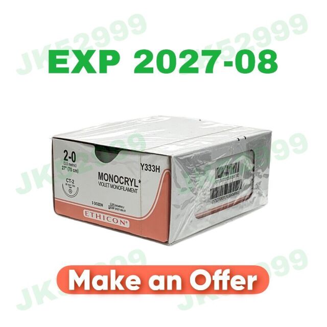 ETHICON REF Y333H, MONOCRYL* (Poliglecaprone 25) Suture VIOLET MONOFILAMENT, EXP 2027-08