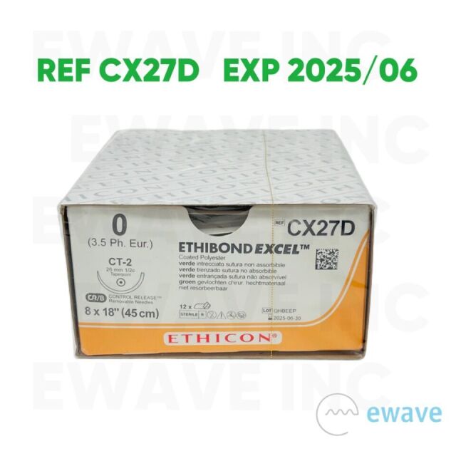 ETHICON REF CX27D ETHIBOND EXCEL SUTURES  0 (3.5 Ph. Eur.) CT-2, (12/BOX), EXP 2025/06