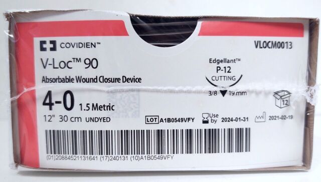 COVIDIEN VLOCM0013: 4-0 MEDTRONIC V-LOC 90 BARBED UNDYED 12" P-12 (PS-2) REVERSE CUTTING (BOX/12) Expired 2024/01 Sutures