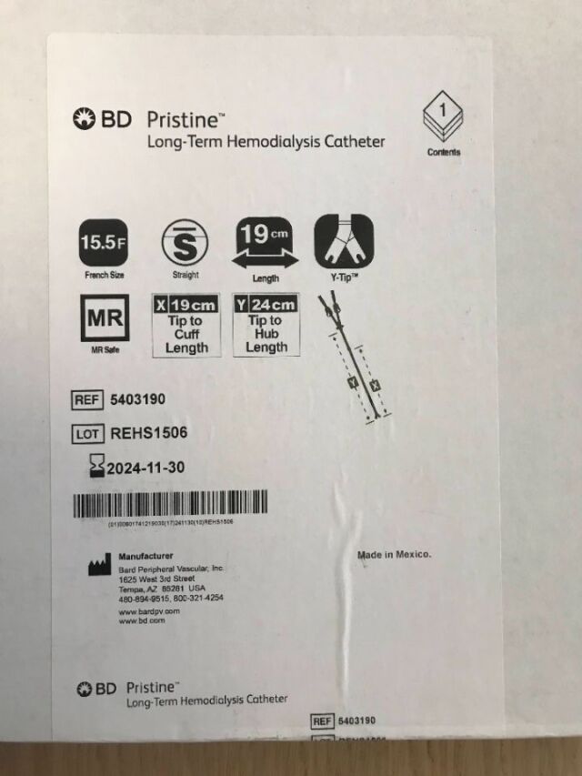 BD 5403190 Pristine Long-Term Hemodialysis Catheter 15.5F 19cm (SD)