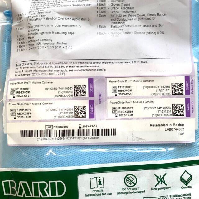 BARD REF F118108PT, POWERGLIDE PRO MIDLINE CATHETER, EXP 2023-12