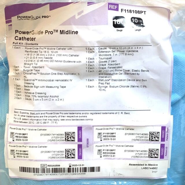 BARD REF F118108PT, POWERGLIDE PRO MIDLINE CATHETER, EXP 2023-12