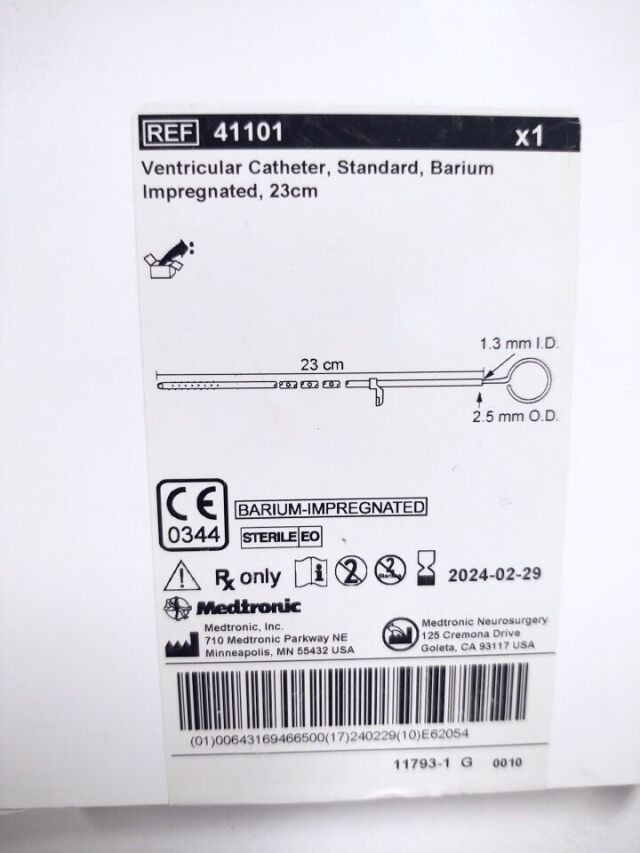 MEDTRONIC 41101 Ventricular Catheter , Standard , Barium Impregnated 23cm (Expired 2024/02-07)