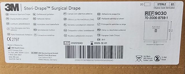 3M 9030 STERI-DRAPE Adhesive Aperture Drape, 59" x 47", Centered Oval Aperture, 20/box Expires 12/02/2025 & Later