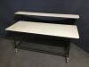 Mobile Work Table Bench:  With Wire shelf
6ft wide X 35 inches deep.  
42 inches tall at the upper shelf
wire lower shelf
On loc