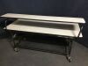 Mobile Work Table Bench:  With Wire shelf
6ft wide X 35 inches deep.  
42 inches tall at the upper shelf
wire lower shelf
On loc