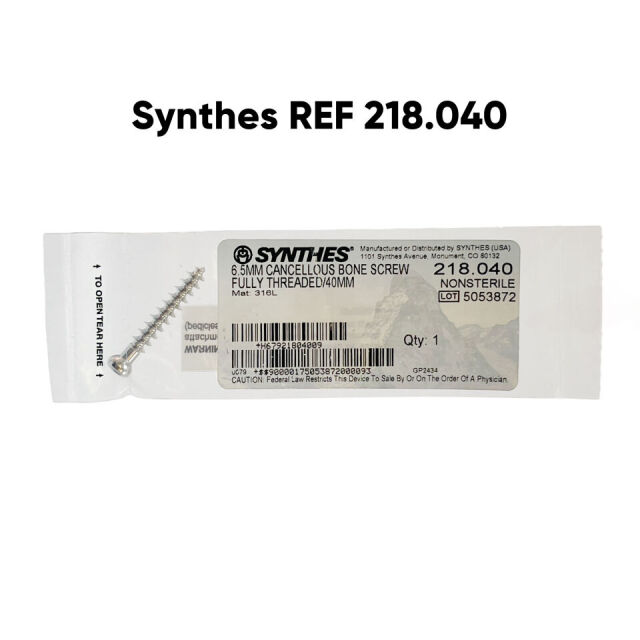 SYNTHES REF 218.040 6.5MM CANCELLOUS BONE SCREW FULLY THREADED / 40MM