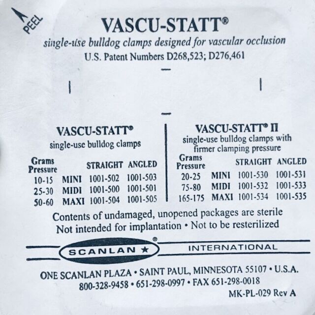 SCANLAN REF 1001-501 VASCU-STATT BULLDOG CLAMPS, REGULAR, 45° ANGLE, MIDI (2 PER PACKET), EXP 2019/05