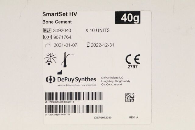 DEPUY 3092040 | | EXPIRED | CASE OF 10 | SmartSet Bone Cement - SmartSet HV Bone Cement, 40G, High-Viscosity - 3092-040