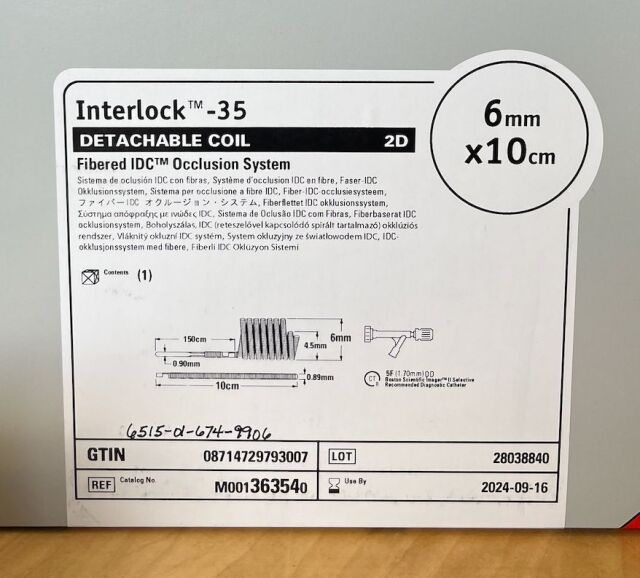 BOSTON SCIENTIFIC M001363540 BOSTON SCIENTIFIC INTERLOCK 35 DETACHABLE COIL FIBERED IDC OCCLUSION SYSTEM	M001363540 - EXP 09/16/2024