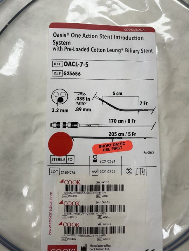 COOK G25656 OASIS-ONE ACTION STENT INTRODUCTION SYSTEM W/COTTON-LEUNG 7F X 5CM