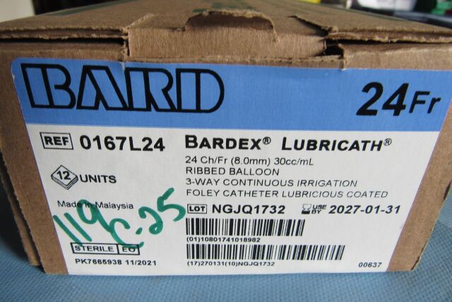 BARD Ref: 0167L24 Bardex Lubricath 24FR Ribbed Balloon 3-Way Foley Catheter.  Box of 12, (x) 01/2027 Catheters