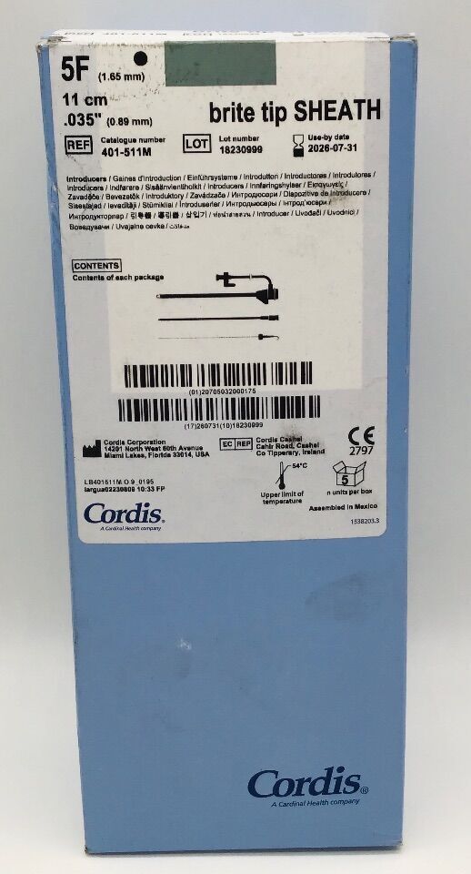 CORDIS 401-511M Brite Tip Sheath Introducer - Box of 5