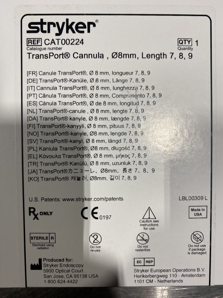 STRYKER CAT00224 Transport Cannula, 08mm, Length 7, 8, 9 - Lot of 5