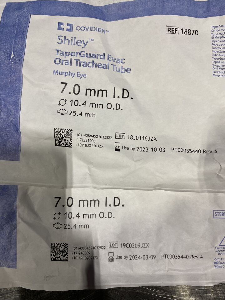 COVIDIEN Various Shiley Taperguard Evac Oral Tracheal Tube