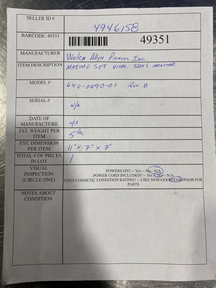 WELCH ALLYN 640-0690-01 Rev B Monitor