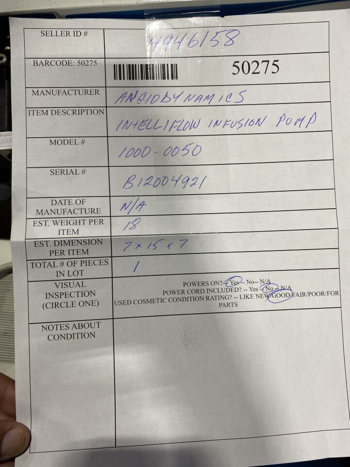 ANGIO DYNAMICS Intelliflow 1000-0050 Pump IV Infusion
