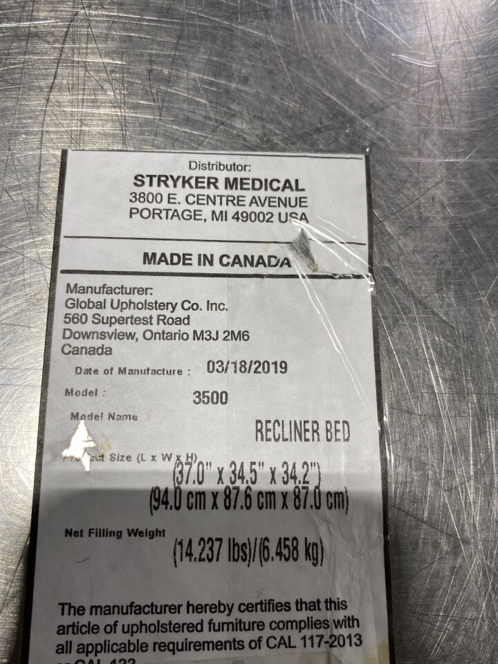GLOBAL UPHOLSTERY COMPANY / STRYKER 3500 Recliner Bed