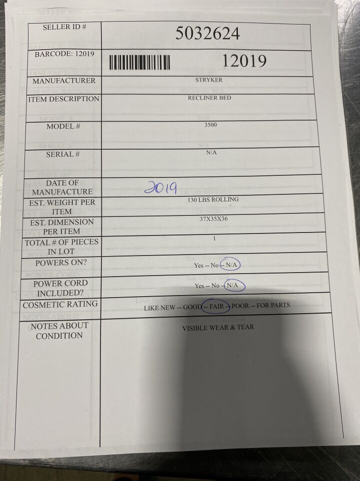 STRYKER 3500 Recliner Bed