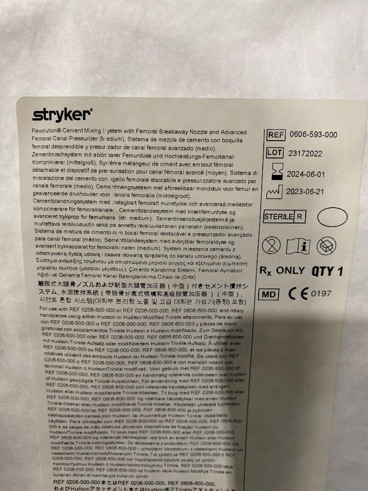 STRYKER 0606-593-000 Revolution Cement Mixing System with Femoral Breakaway Nozzle and Advanced Femoral Canal Pressurizer