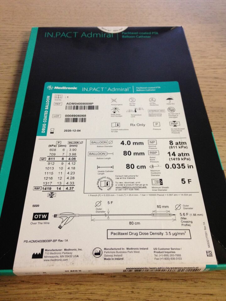 New MEDTRONIC ADM04008008P In.Pact Admiral Paclitaxel-Coated PTA ...