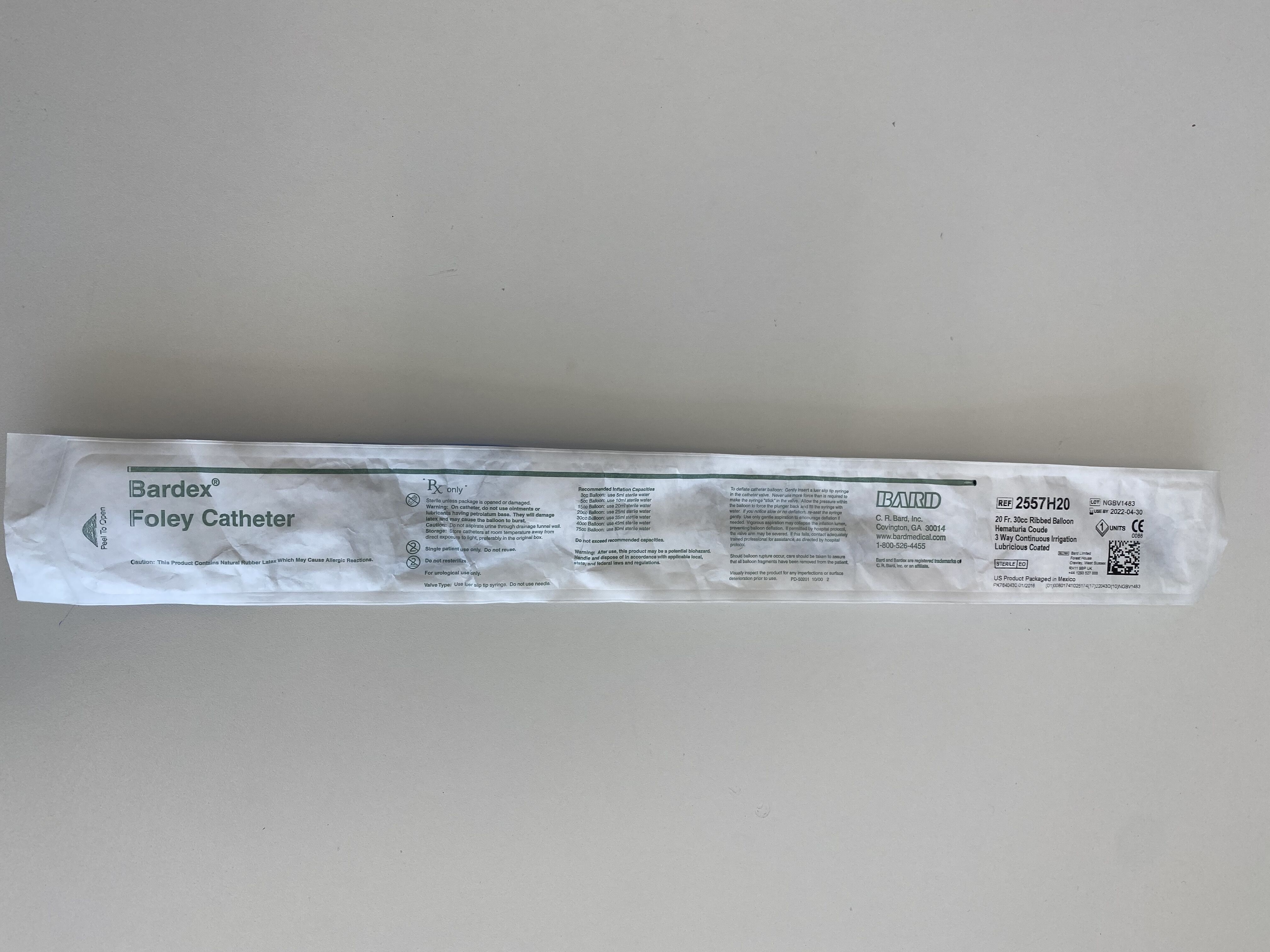 New BARD Foley Catheter 20Fr. 30cc 2557H20 Exp.2022-04 (D1) 2557H20 ...