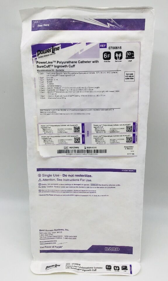 New BARD 0700615 PowerLine Polyurethane Catheter with SureCuff Ingrowth ...